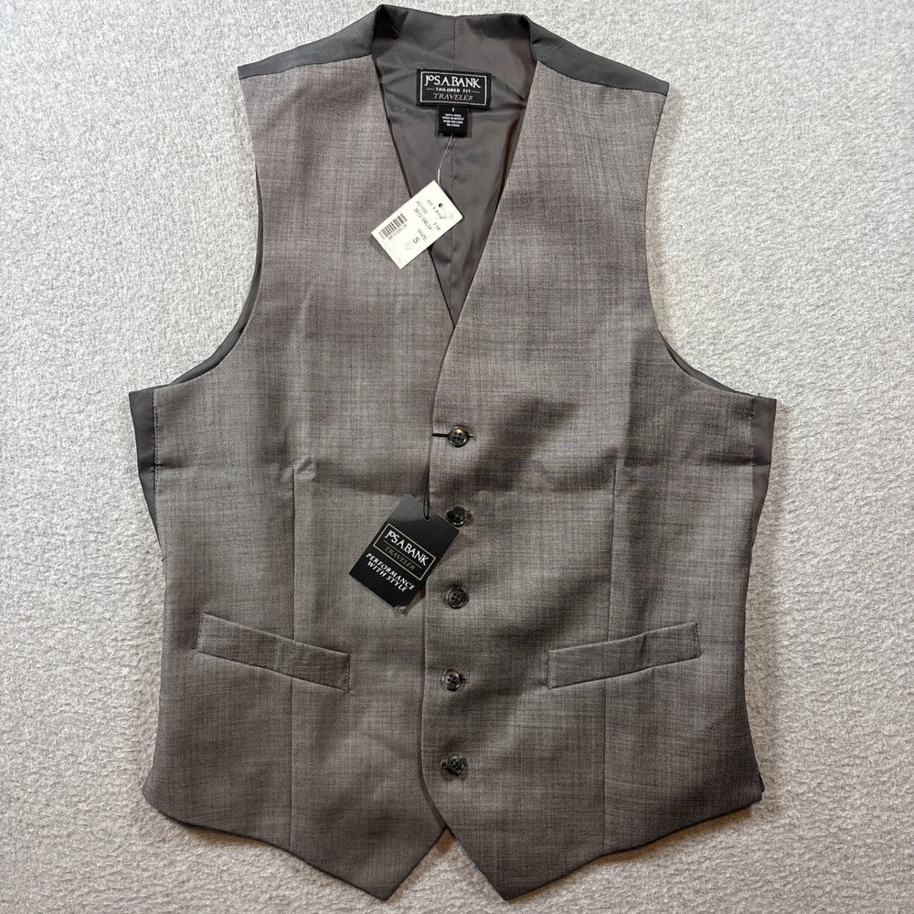 Jos A Bank Men's Traveler Tailored Fit Gray Vest Sz S 100% Wool BRAND NEW